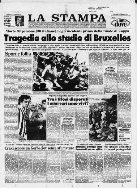 Strage dell'Heysel, prima pagina de La Stampa del 30 maggio 1985